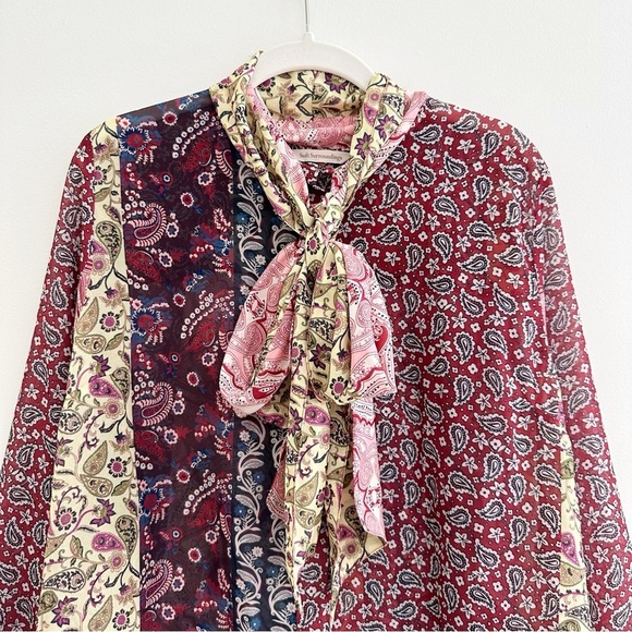 Soft Surroundings Langdon Paisley Patchwork Blouse Large Neck Tie Semi Sheer - Picture 4 of 12
